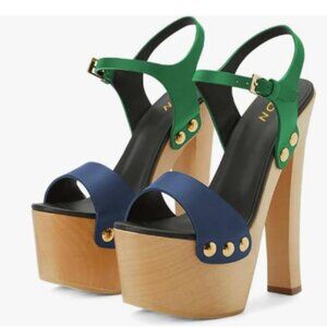 YDN Navy & Green Platform Open Round Toe Chunky High Heels Backless Sandal